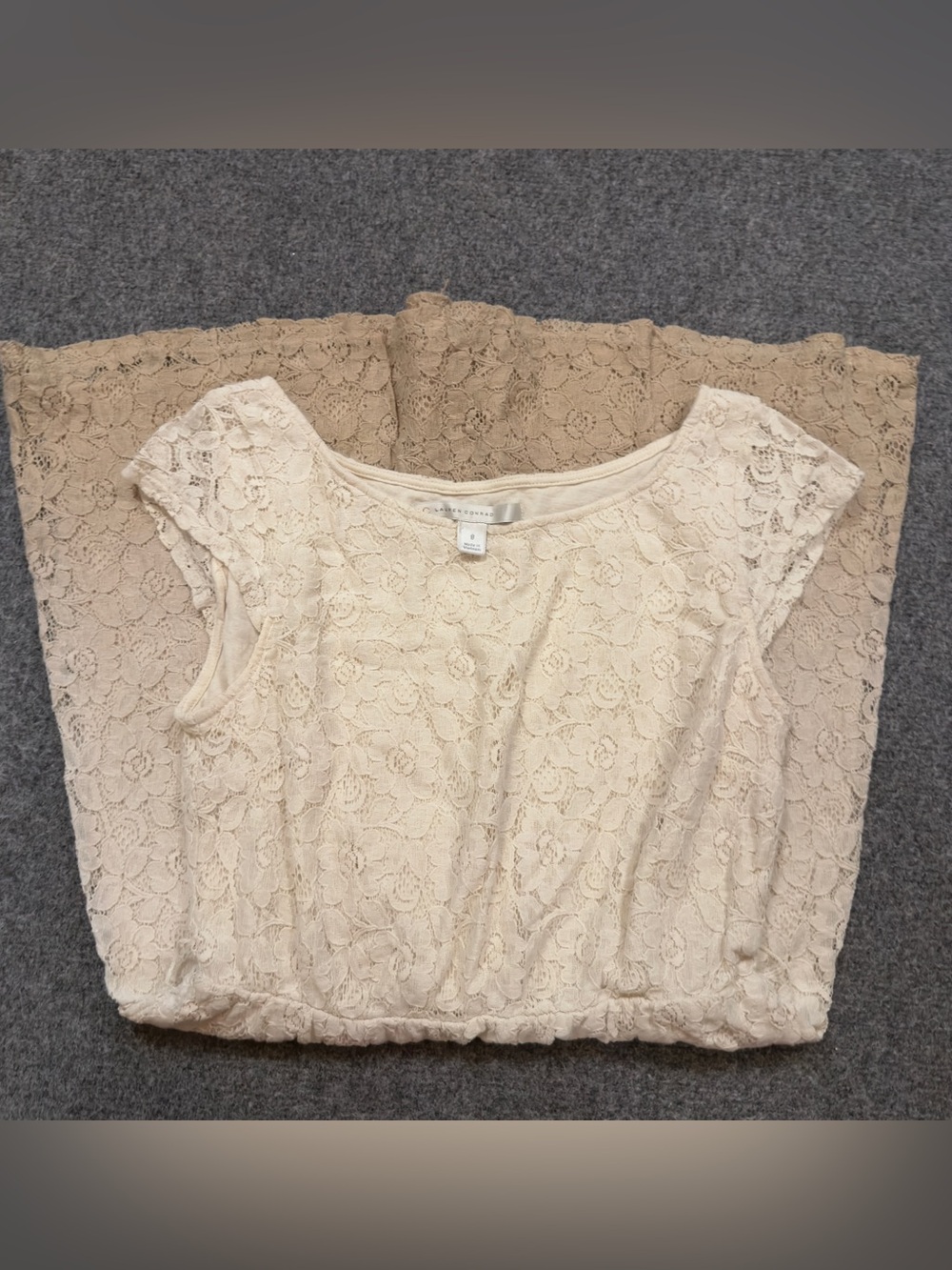 Lauren Conrad Cream Tan Hombre Lace Cap Sleeve Dress Lining Elastic Waist Sz 8